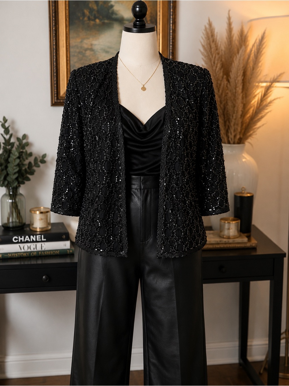 Scala Black Beaded Open-Front Blazer